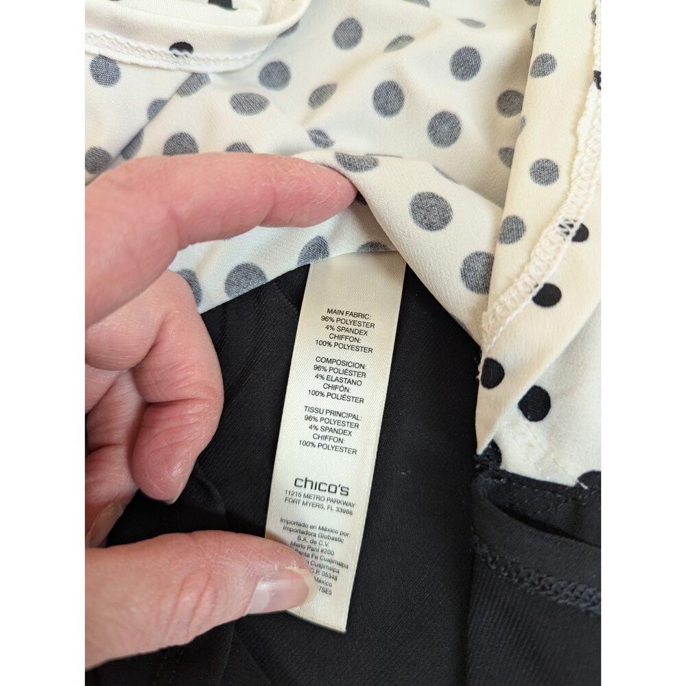 Chico's Blouse Black Chiffon Overlay White w Polka Dots Lining Size 1 Medium - Picture 9 of 9